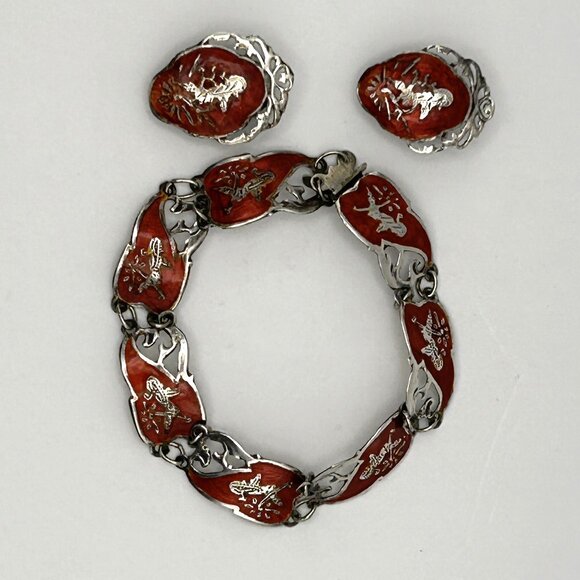 Vintage Siam Sterling Silver Red Enamel Bracelet & Clip Earring Set Dancer Motif - Picture 1 of 13